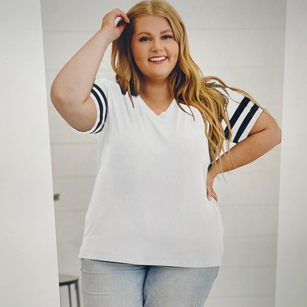 White and Black Striped Sleeve Women's Tee